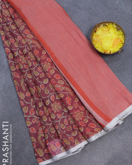 Pure linen saree maroon shade with allover kalamkari prints and silver zari woven piping border