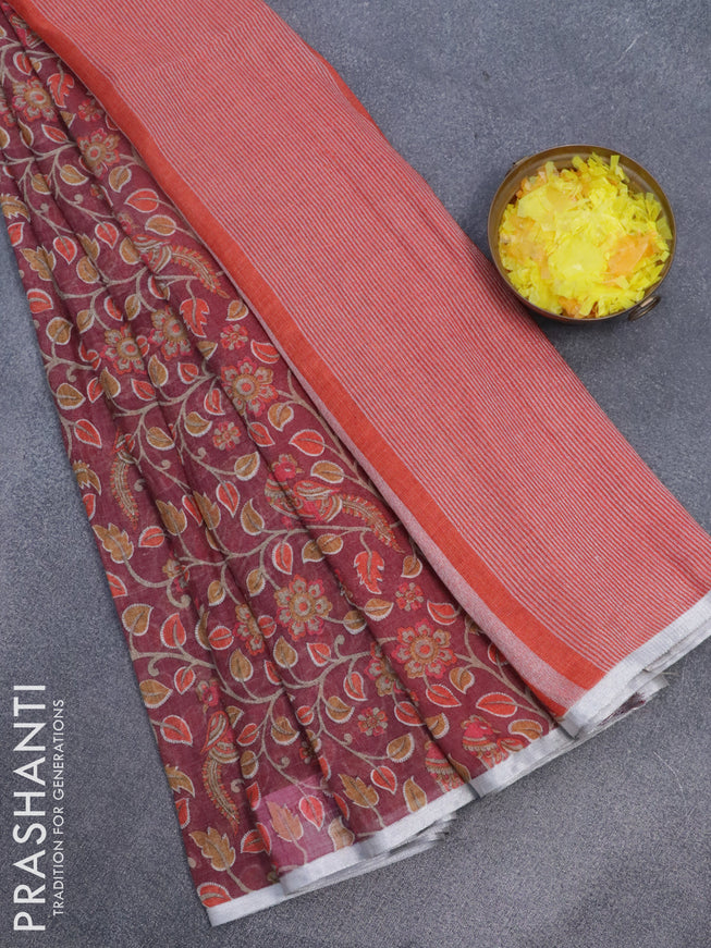 Pure linen saree maroon shade with allover kalamkari prints and silver zari woven piping border