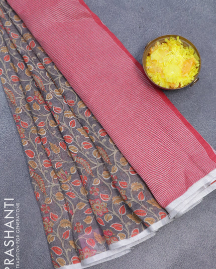 Pure linen saree grey with allover kalamkari prints and silver zari woven piping border