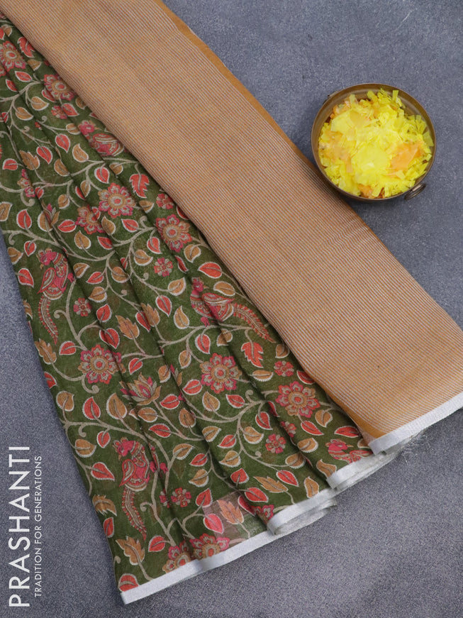 Pure linen saree green with allover kalamkari prints and silver zari woven piping border