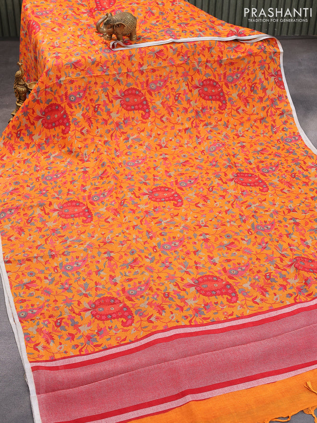 Pure linen saree orange with allover prints and silver zari woven piping border