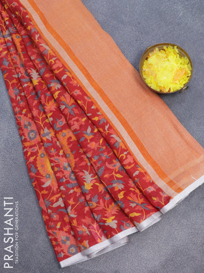 Pure linen saree red with allover prints and silver zari woven piping border