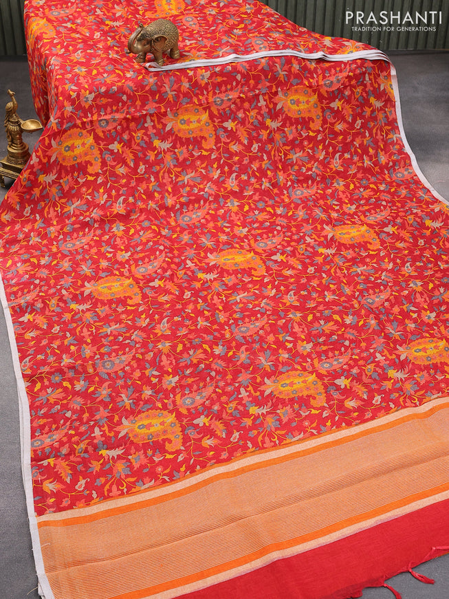 Pure linen saree red with allover prints and silver zari woven piping border