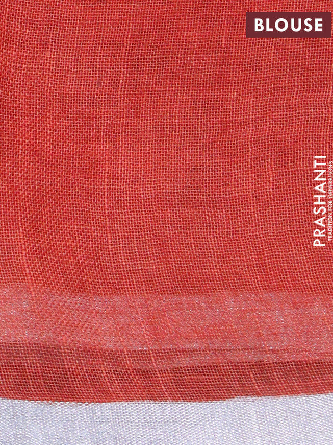 Pure linen saree maroon with floral prints and silver zari woven piping border