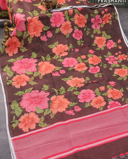Pure linen saree brown with floral prints and silver zari woven piping border