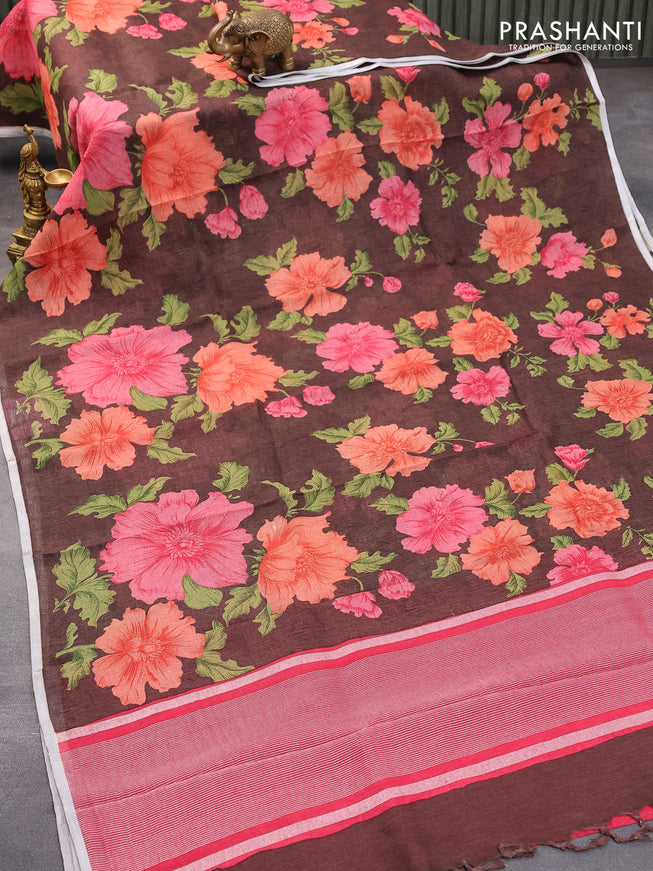 Pure linen saree brown with floral prints and silver zari woven piping border