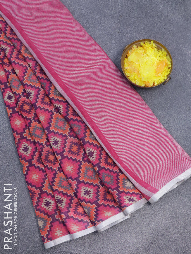 Pure linen saree magenta pink and purple with allover geometric prints and silver zari woven piping border