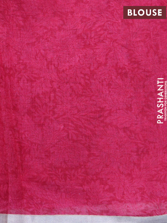 Pure linen saree magenta pink and purple with allover geometric prints and silver zari woven piping border