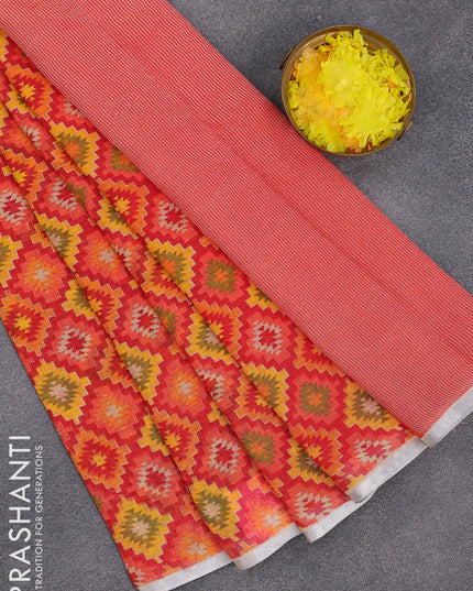 Pure linen saree red with allover geometric prints and silver zari woven piping border