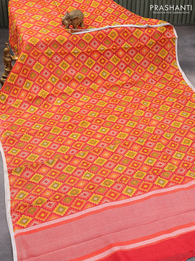 Pure linen saree red with allover geometric prints and silver zari woven piping border