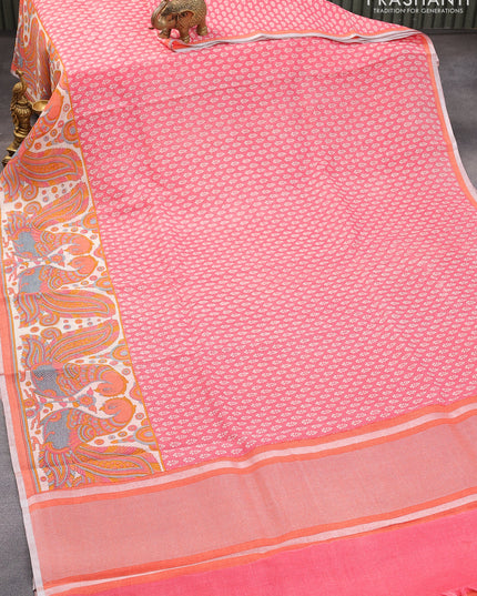Pure linen saree pink shade and peach orange with allover butta prints and silver zari woven piping border