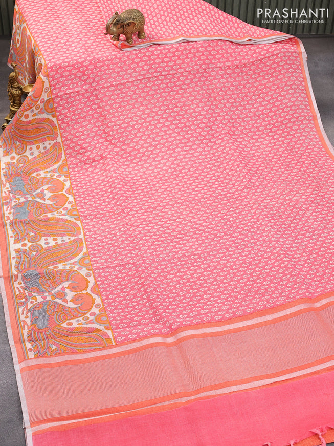 Pure linen saree pink shade and peach orange with allover butta prints and silver zari woven piping border