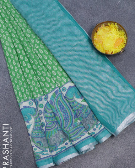 Pure linen saree light green and teal blue with allover butta prints and silver zari woven piping border
