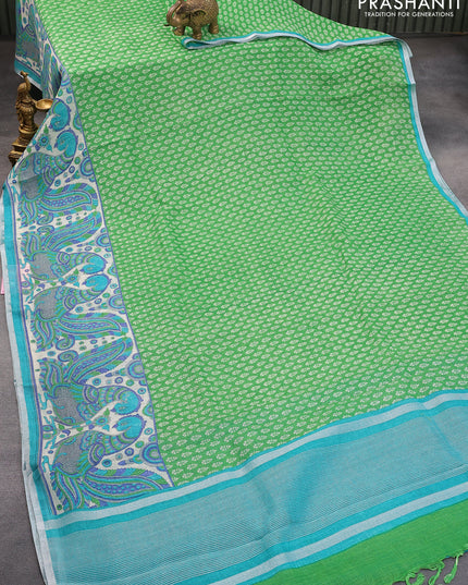Pure linen saree light green and teal blue with allover butta prints and silver zari woven piping border