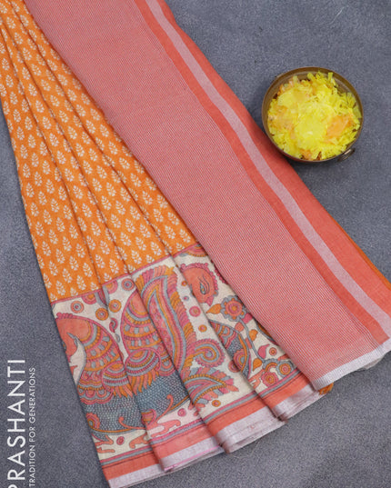 Pure linen saree orange and peach orange with allover butta prints and silver zari woven piping border