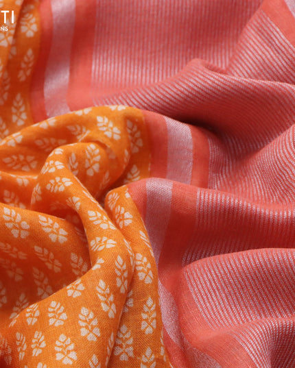 Pure linen saree orange and peach orange with allover butta prints and silver zari woven piping border