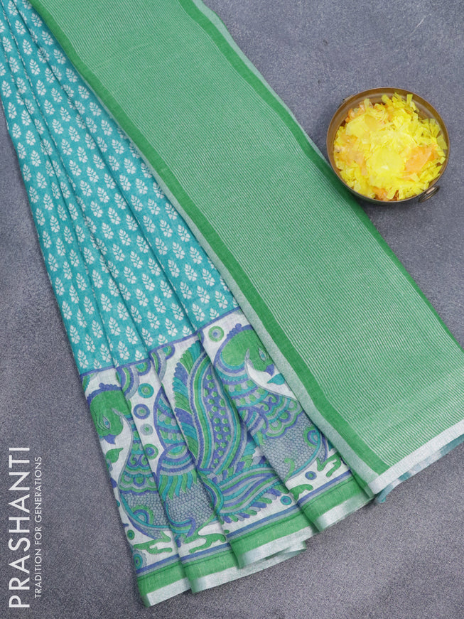 Pure linen saree teal blue and light green with allover butta prints and silver zari woven piping border