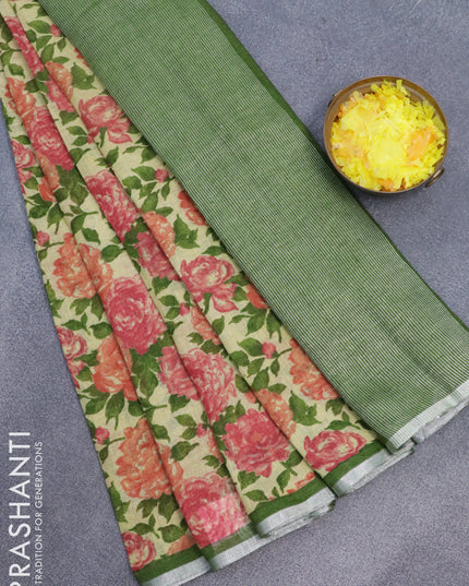Pure linen saree yellow shade and green with allover floral prints and silver zari woven piping border