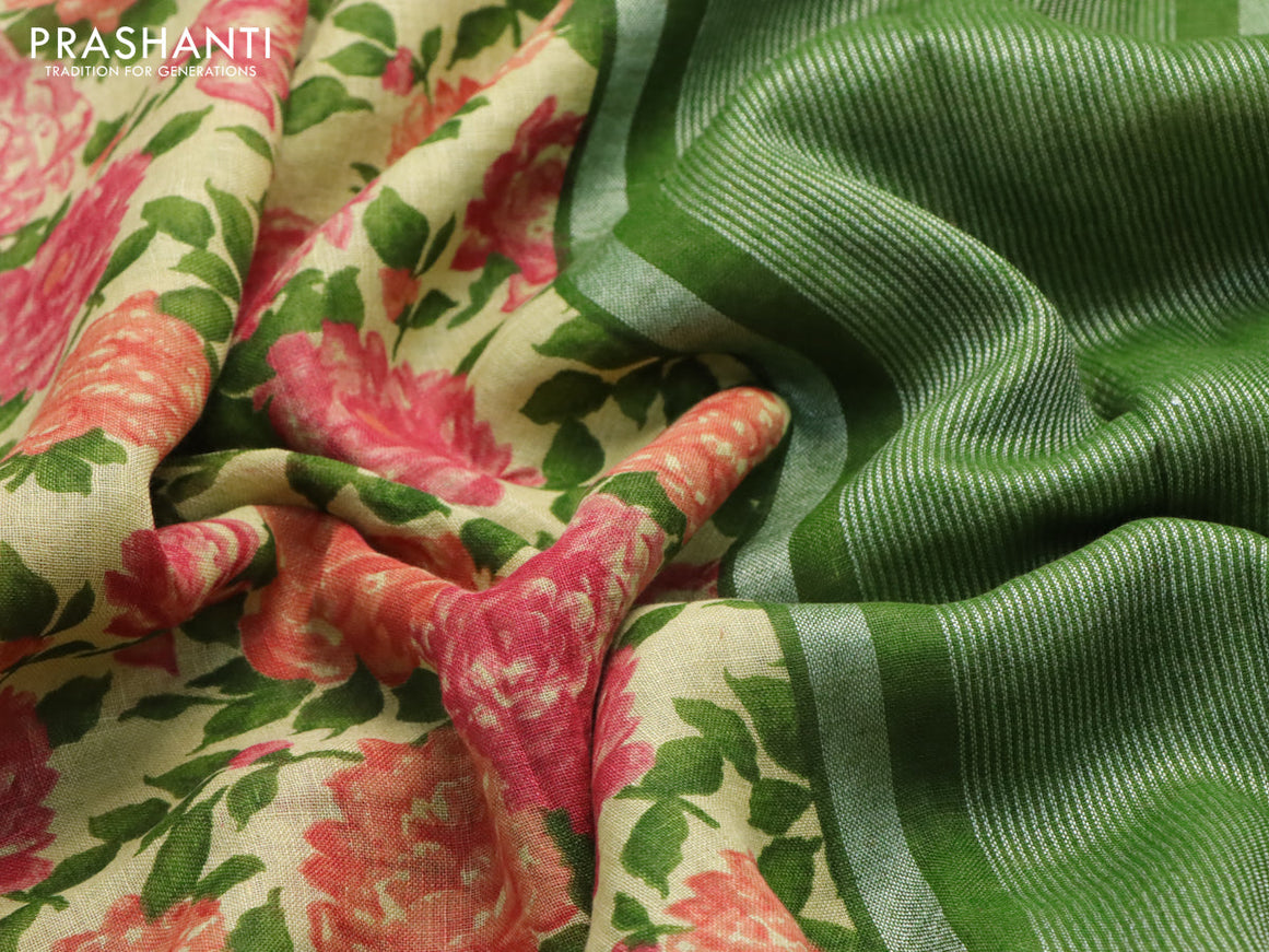 Pure linen saree yellow shade and green with allover floral prints and silver zari woven piping border