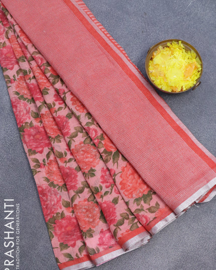 Pure linen saree peach pink and rustic orange with allover floral prints and silver zari woven piping border