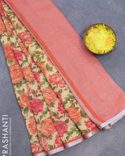 Pure linen saree sandal and rustic orange with allover floral prints and silver zari woven piping border