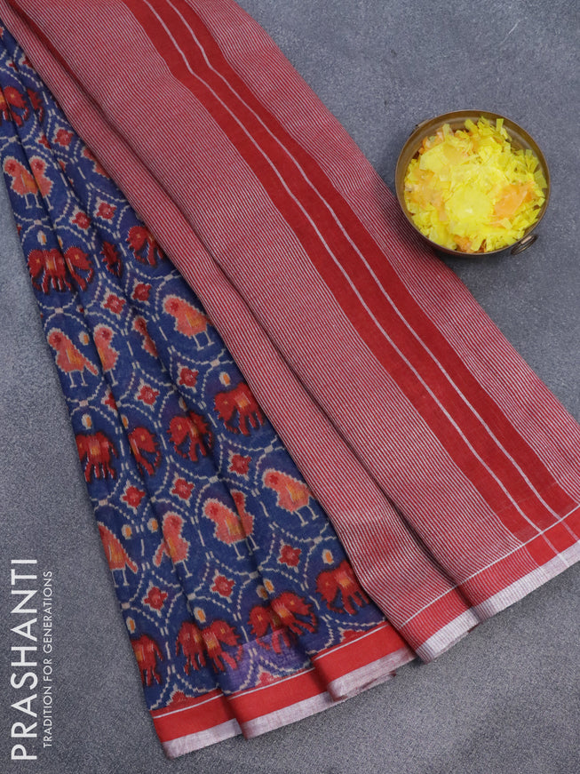 Pure linen saree blue and red with allover patola prints and silver zari woven piping border