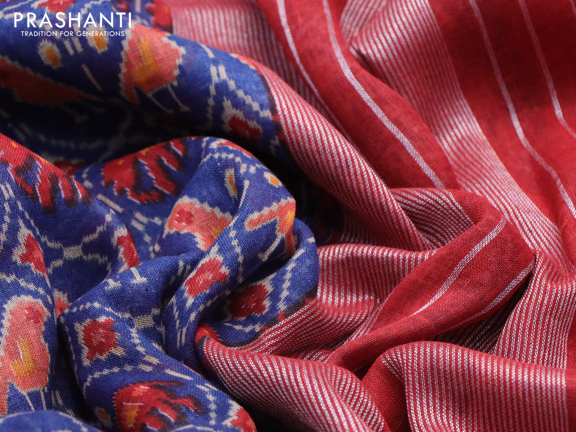 Pure linen saree blue and red with allover patola prints and silver zari woven piping border