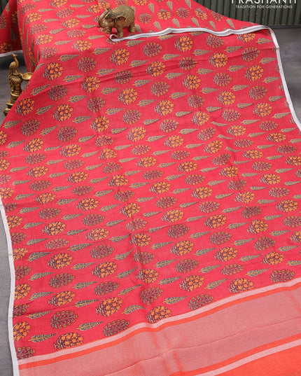 Pure linen saree red with allover butta prints and silver zari woven piping border