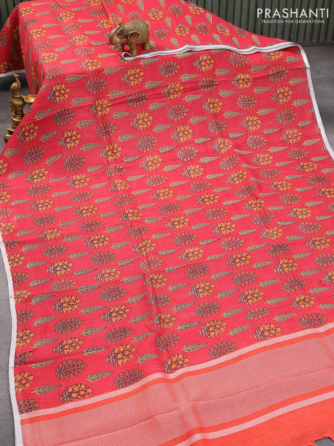 Pure linen saree red with allover butta prints and silver zari woven piping border
