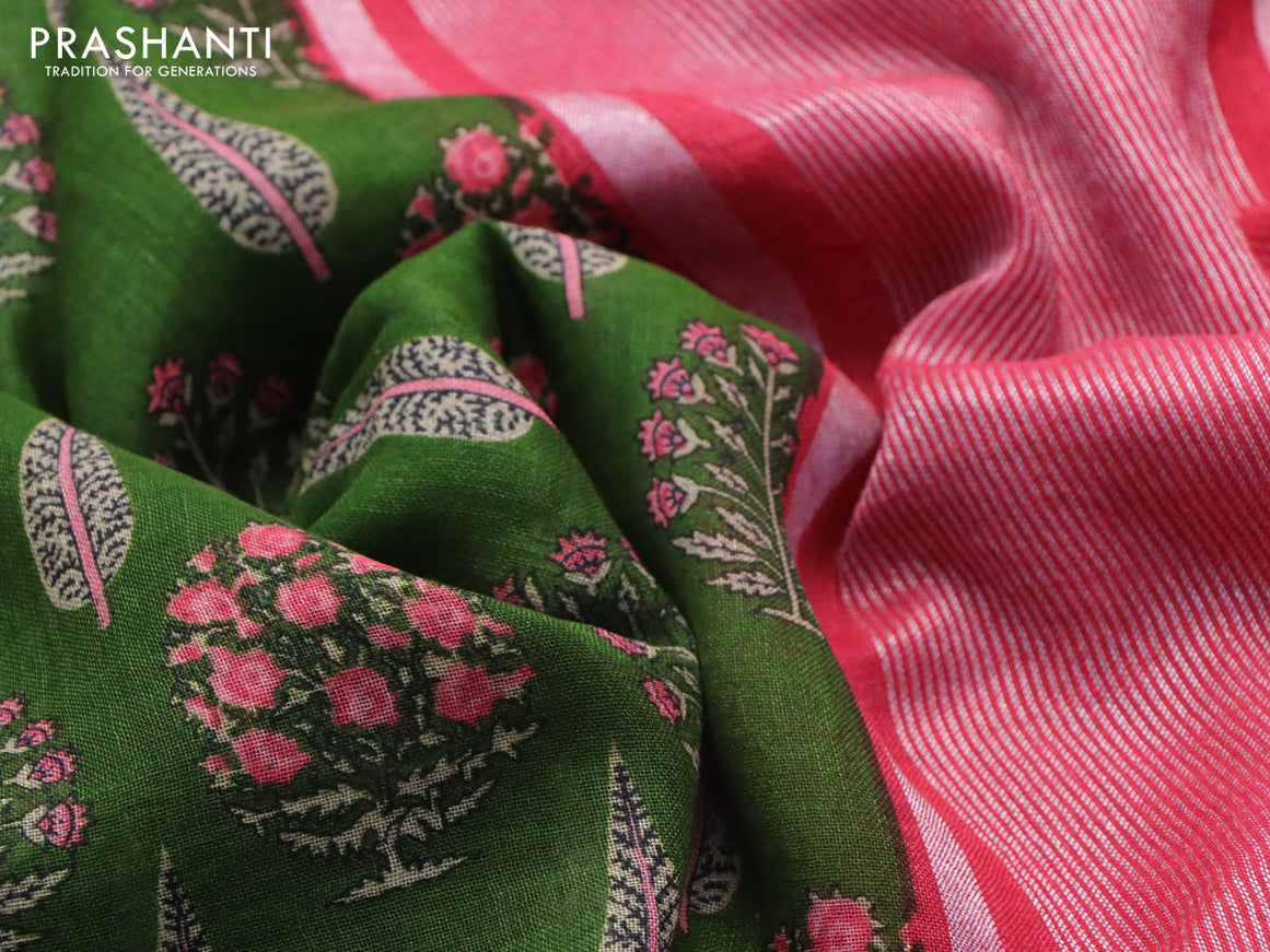 Pure linen saree green with allover butta prints and silver zari woven piping border