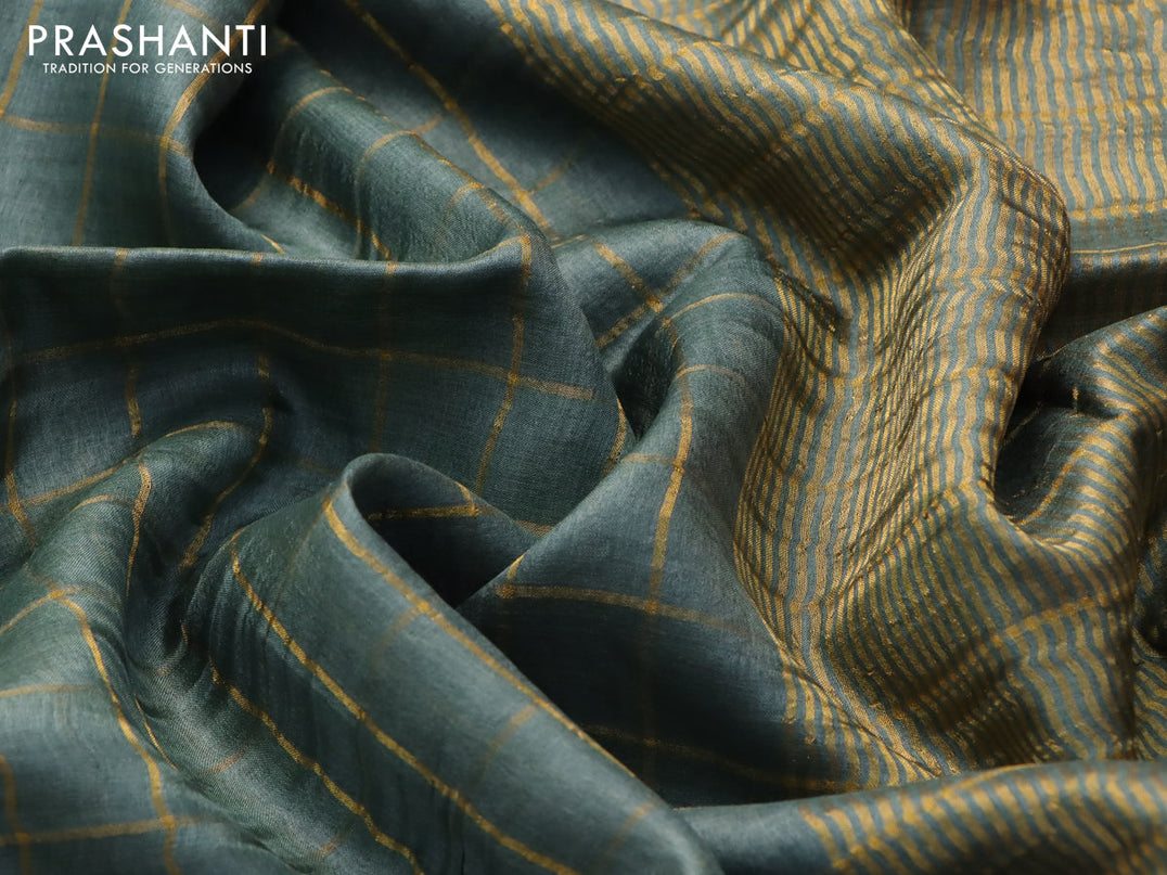 Pure tussar silk saree grey shade and blue with allover zari checked pattern and zari woven border and Kalamkari printed blouse