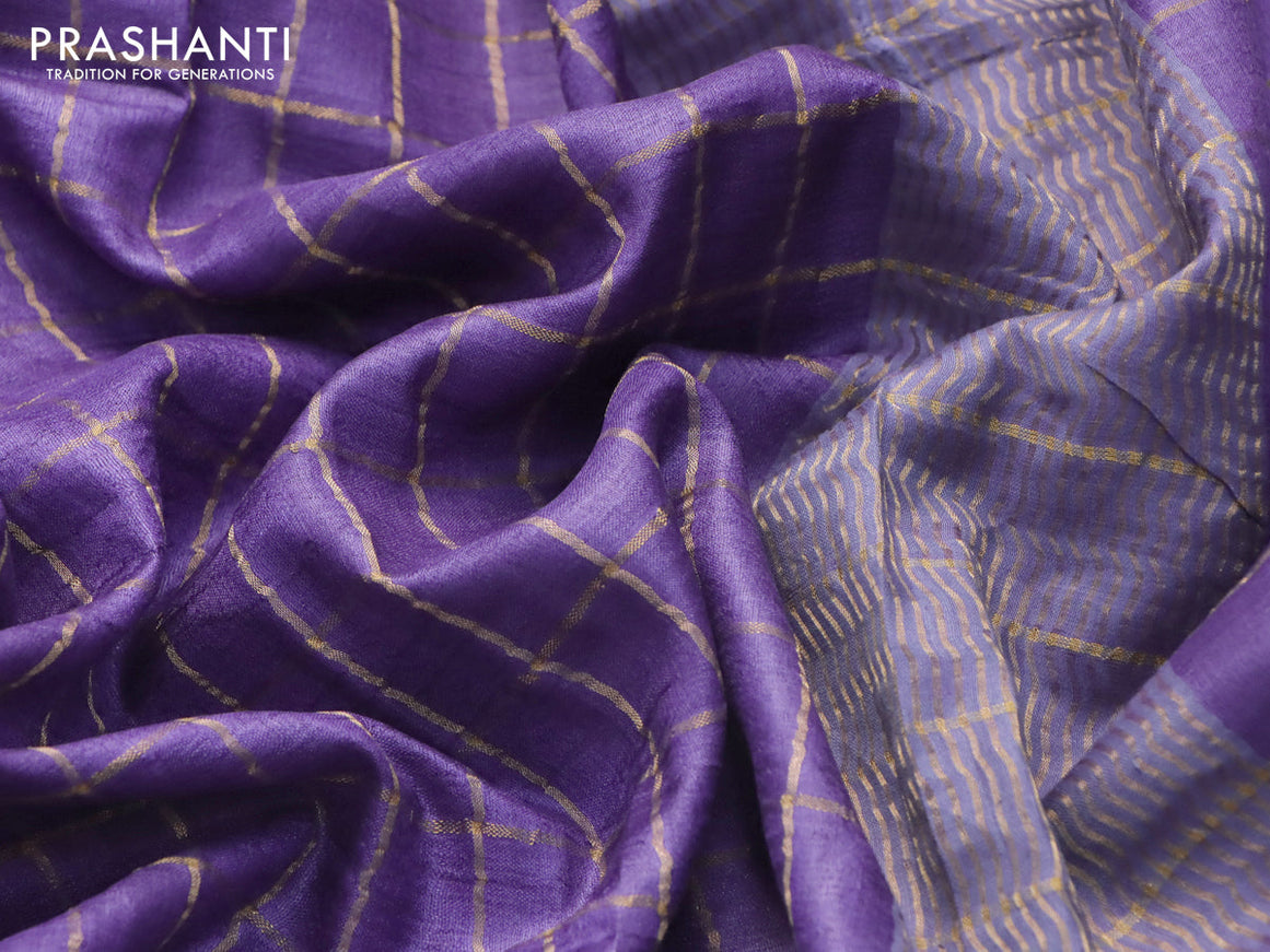 Pure tussar silk saree violert and green shade with allover zari checked pattern and zari woven border and Kalamkari printed blouse