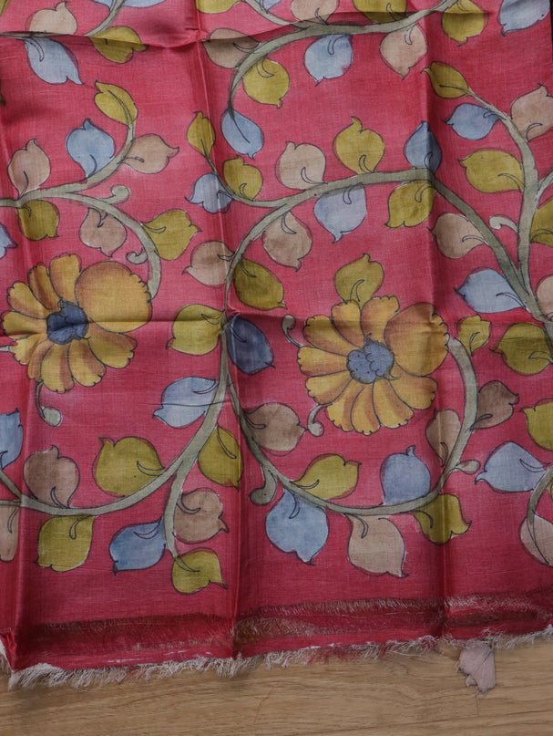 Pure tussar silk saree pastel brown and maroon with allover zari checked pattern and zari woven border and Kalamkari printed blouse