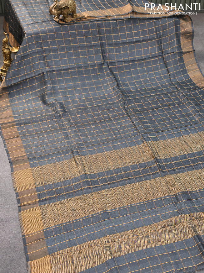 Pure tussar silk saree black and blue with allover zari checked pattern and zari woven border and Kalamkari printed blouse