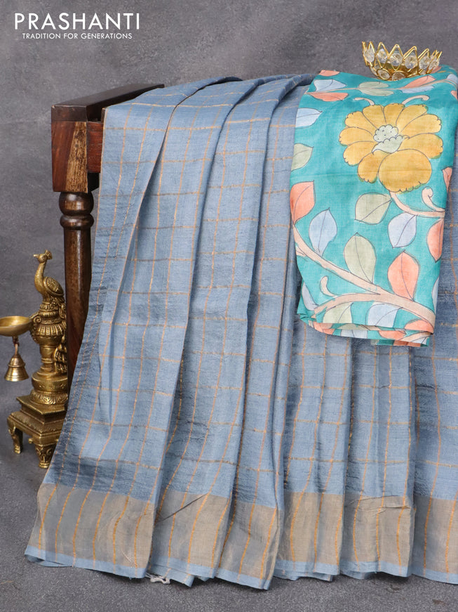 Pure tussar silk saree grey and teal green with allover zari checked pattern and zari woven border and Kalamkari printed blouse