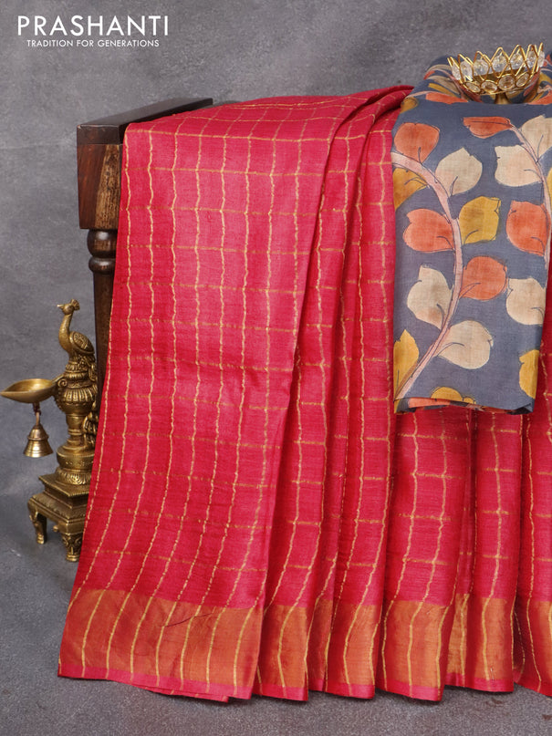 Pure tussar silk saree pink and grey with allover zari checked pattern and zari woven border and Kalamkari printed blouse