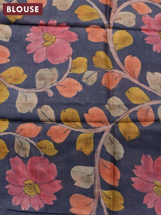 Pure tussar silk saree pink and grey with allover zari checked pattern and zari woven border and Kalamkari printed blouse