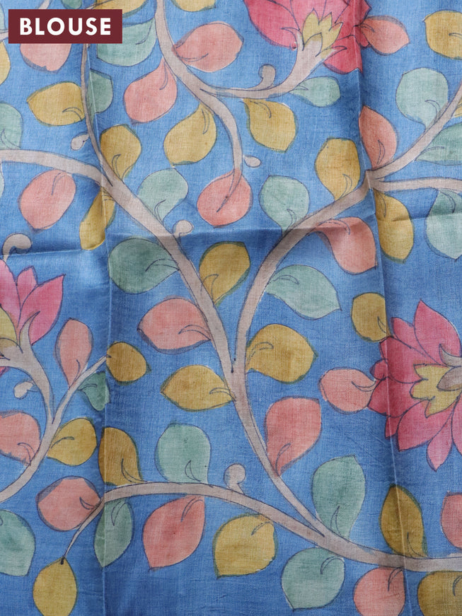 Pure tussar silk saree purple and blue shade with allover zari checked pattern and zari woven border and Kalamkari printed blouse