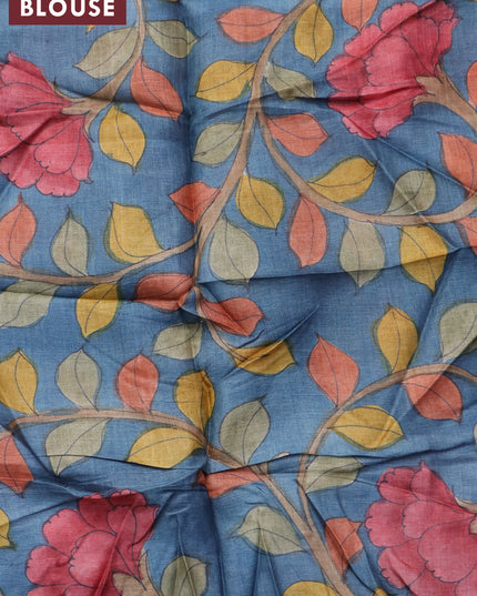 Pure tussar silk saree brown and blue shade with allover zari checked pattern and zari woven border and Kalamkari printed blouse