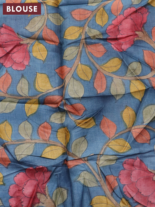 Pure tussar silk saree brown and blue shade with allover zari checked pattern and zari woven border and Kalamkari printed blouse