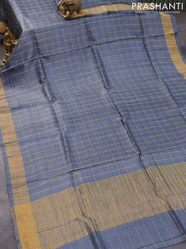 Pure tussar silk saree bluish grey and maroon shade with allover zari checked pattern and zari woven border and Kalamkari printed blouse