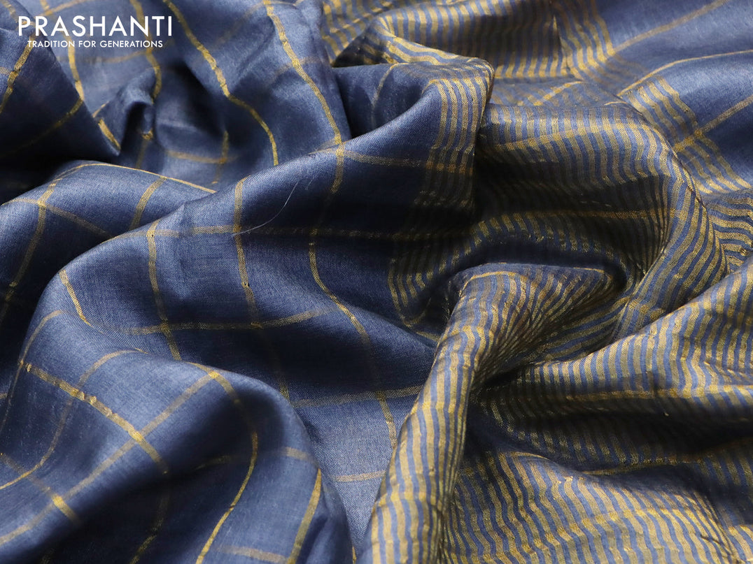 Pure tussar silk saree bluish grey and maroon shade with allover zari checked pattern and zari woven border and Kalamkari printed blouse