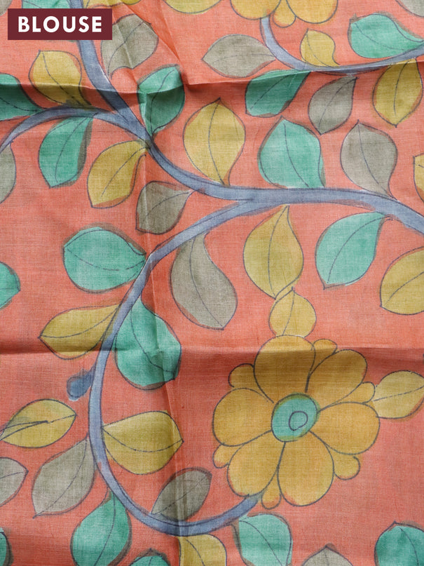 Pure tussar silk saree brown shade and rustic orange with allover zari checked pattern and zari woven border and Kalamkari printed blouse