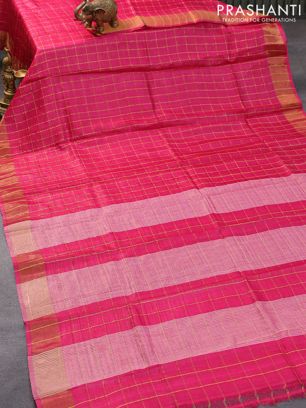 Pure tussar silk saree pink and light blue with allover zari checked pattern and zari woven border and Kalamkari printed blouse