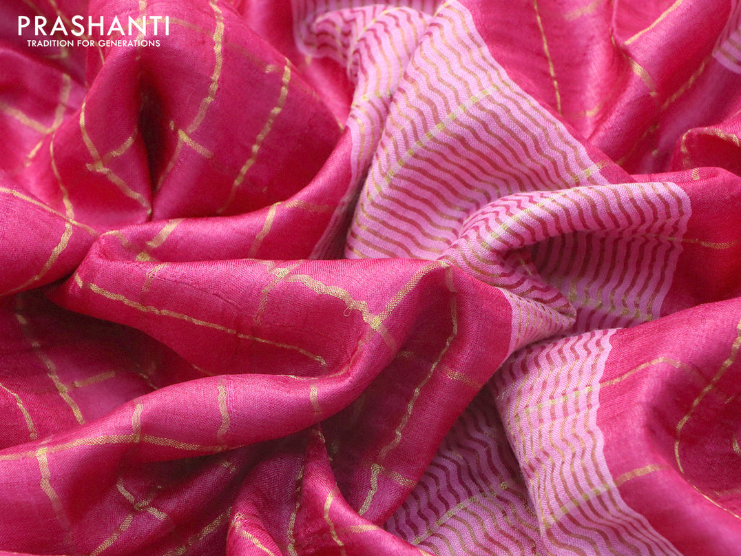Pure tussar silk saree pink and light blue with allover zari checked pattern and zari woven border and Kalamkari printed blouse