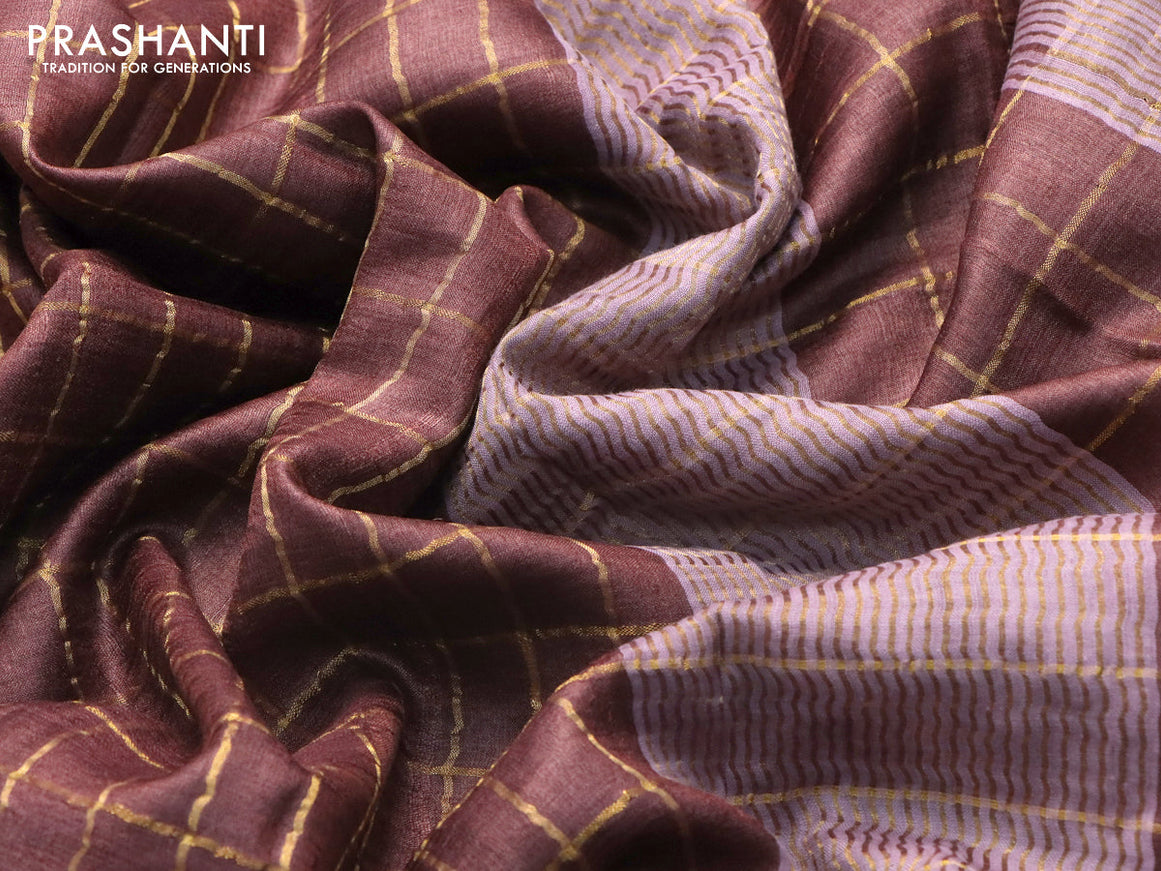 Pure tussar silk saree brown and orange with allover zari checked pattern and zari woven border and Kalamkari printed blouse