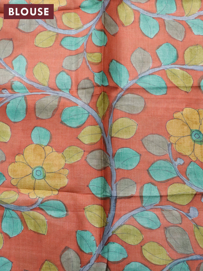 Pure tussar silk saree brown and orange with allover zari checked pattern and zari woven border and Kalamkari printed blouse