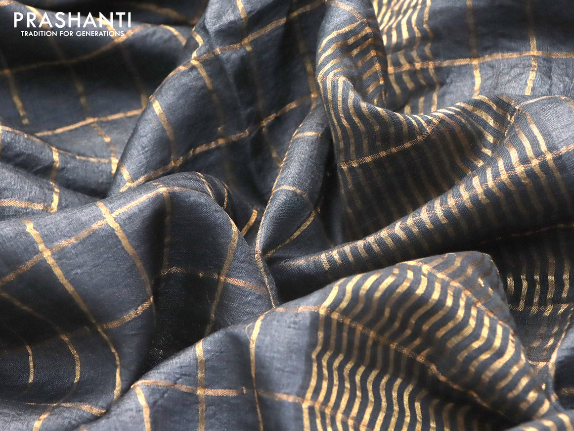Pure tussar silk saree elephant grey and orange with allover zari checked pattern and zari woven border and Kalamkari printed blouse