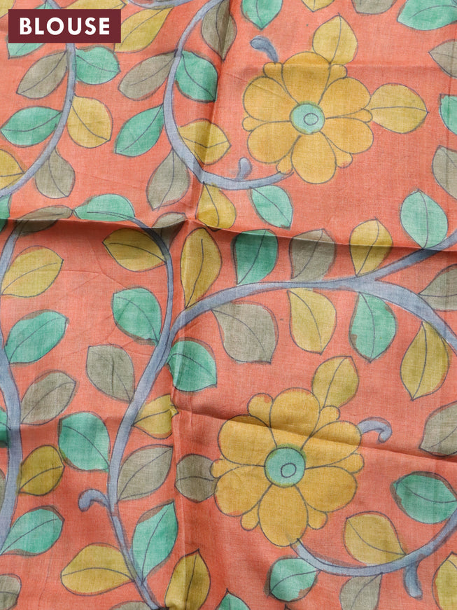 Pure tussar silk saree elephant grey and orange with allover zari checked pattern and zari woven border and Kalamkari printed blouse