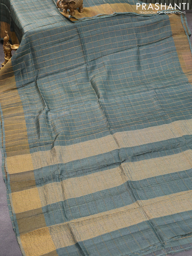 Pure tussar silk saree green shade and teal blue with allover zari checked pattern and zari woven border and Kalamkari printed blouse